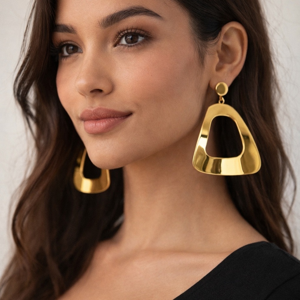 Gold Tone Geometric Statement Drop Earrings Earrings Bold Modern Open Shape